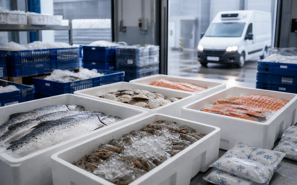 Упакованная рыба и морепродукты в рефрижераторной доставке