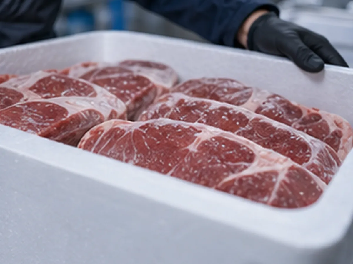 Рефрижератор принимает мясную продукцию у склада